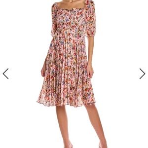 BCBGeneration Floral Pink Puff Sleeve Pleated Midi Dress